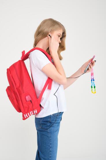 Coral High Kırmızı Nakış Logolu Dört Bölmeli USB Şarjlı Kulaklık Çıkışlı Sırt Çantası 24103 - 10