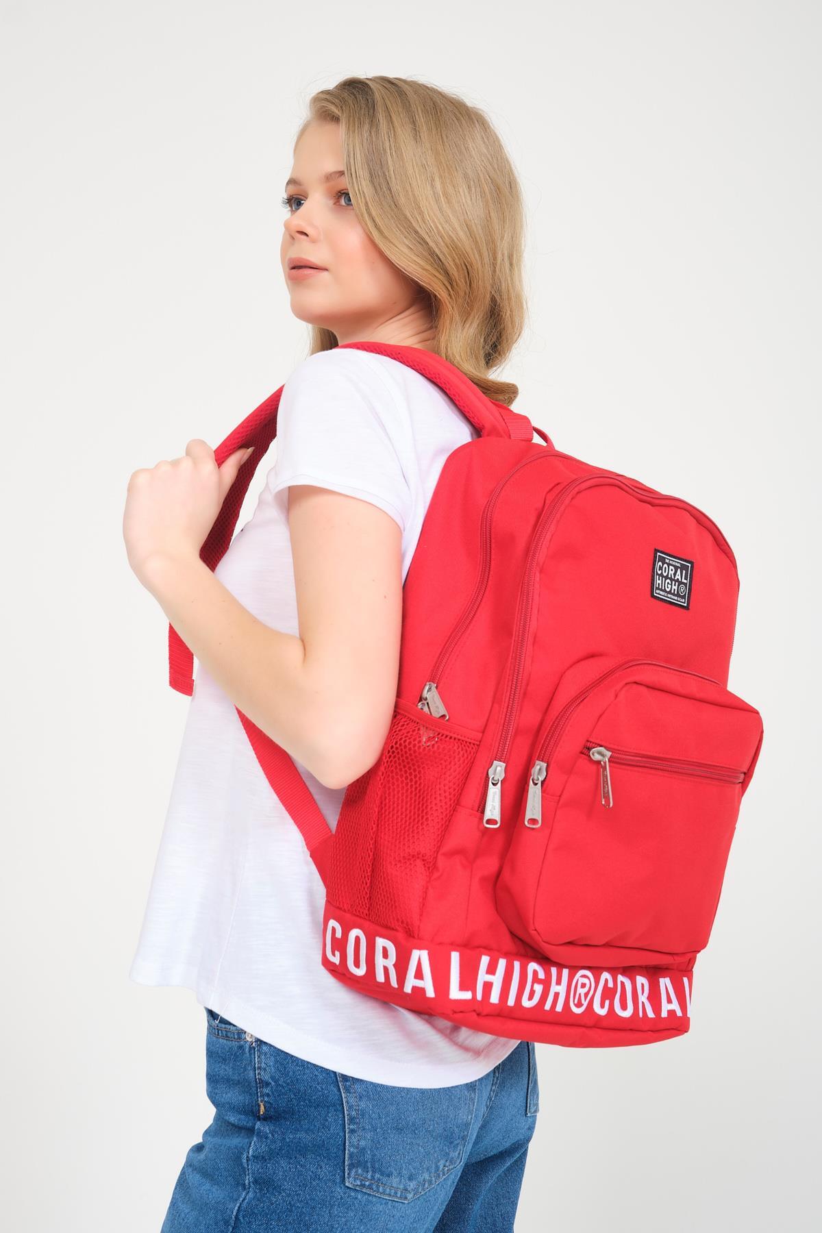 Coral High Kırmızı Nakış Logolu Dört Bölmeli USB Şarjlı Kulaklık Çıkışlı Sırt Çantası 24103