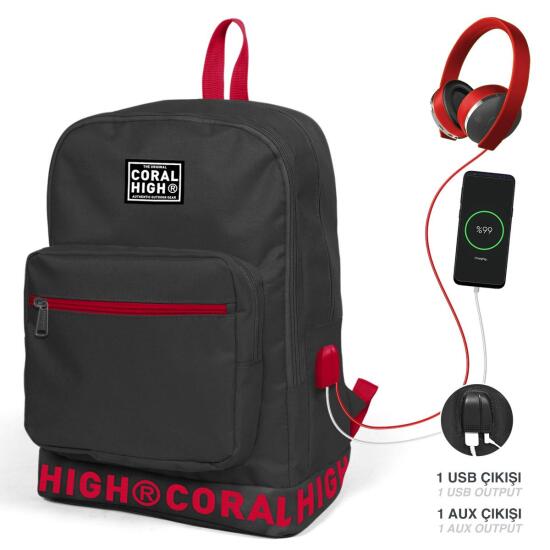 Coral High Koyu Gri Nakış Logolu Dört Bölmeli USB Şarjlı Kulaklık Çıkışlı Sırt Çantası 24105 