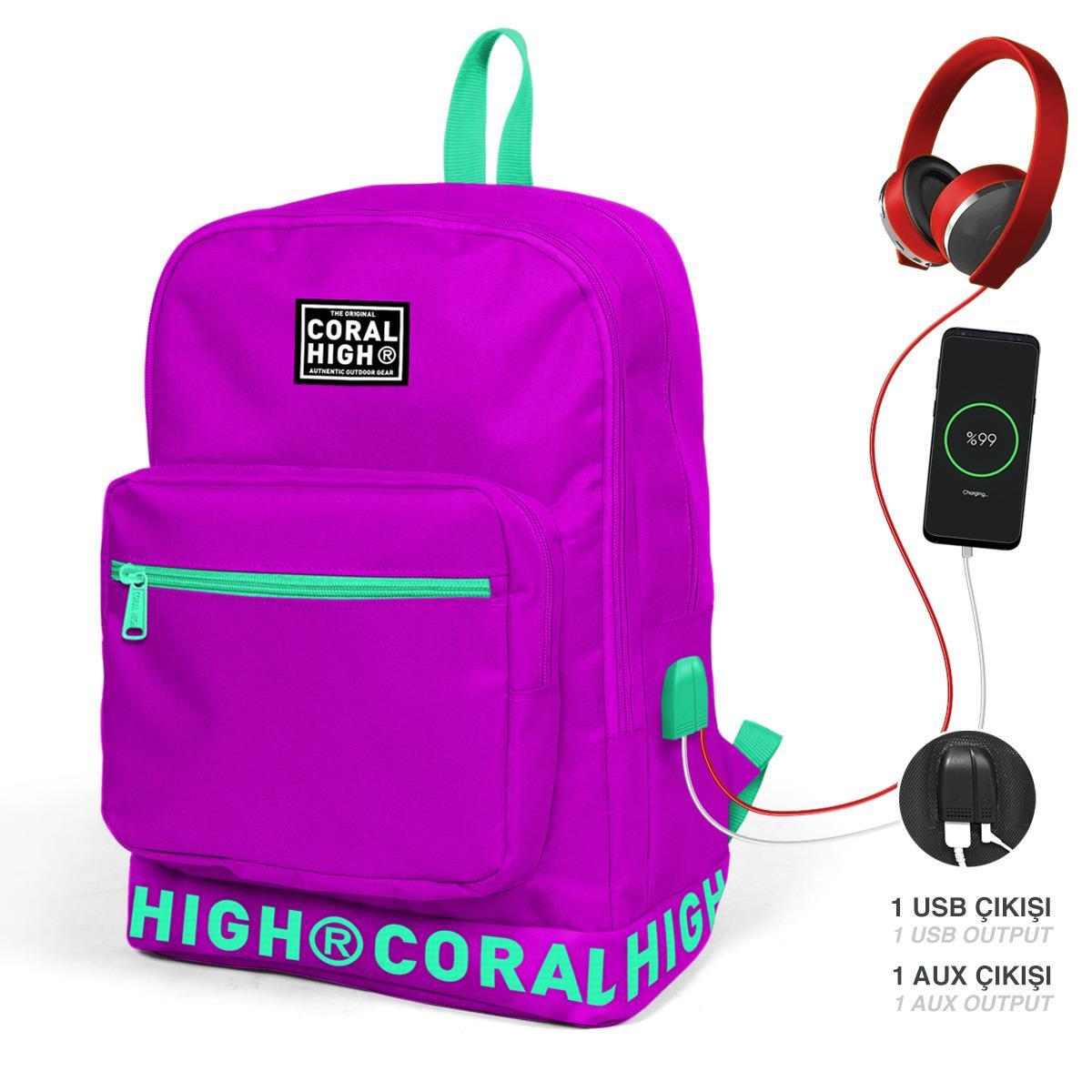 Coral High Koyu Pembe Nakış Logolu Dört Bölmeli USB Şarjlı Kulaklık Çıkışlı  Sırt Çantası 24102