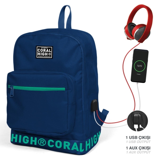 Coral High Lacivert Nakış Logolu Dört Bölmeli USB Şarjlı Kulaklık Çıkışlı Sırt Çantası 24107 - Coral High