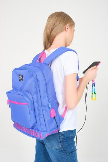Coral High Lavanta Nakış Logolu Dört Bölmeli USB Şarjlı Kulaklık Çıkışlı Sırt Çantası 24106 - 8