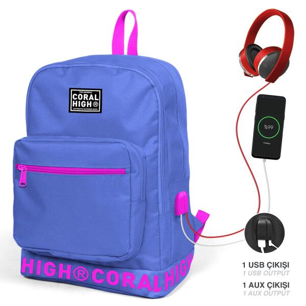 Coral High Lavanta Nakış Logolu Dört Bölmeli USB Şarjlı Kulaklık Çıkışlı Sırt Çantası 24106 - 2