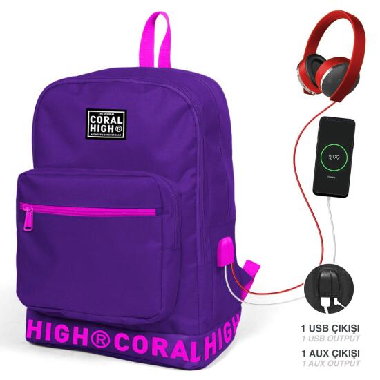 Coral High Mor Nakış Logolu Dört Bölmeli USB Şarjlı Kulaklık Çıkışlı Sırt Çantası 24109 
