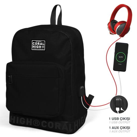 Coral High Siyah Nakış Logolu Dört Bölmeli USB Şarjlı Kulaklık Çıkışlı Sırt Çantası 24111 - 2