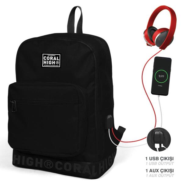 Coral High Siyah Nakış Logolu Dört Bölmeli USB Şarjlı Kulaklık Çıkışlı Sırt Çantası 24111 - 2