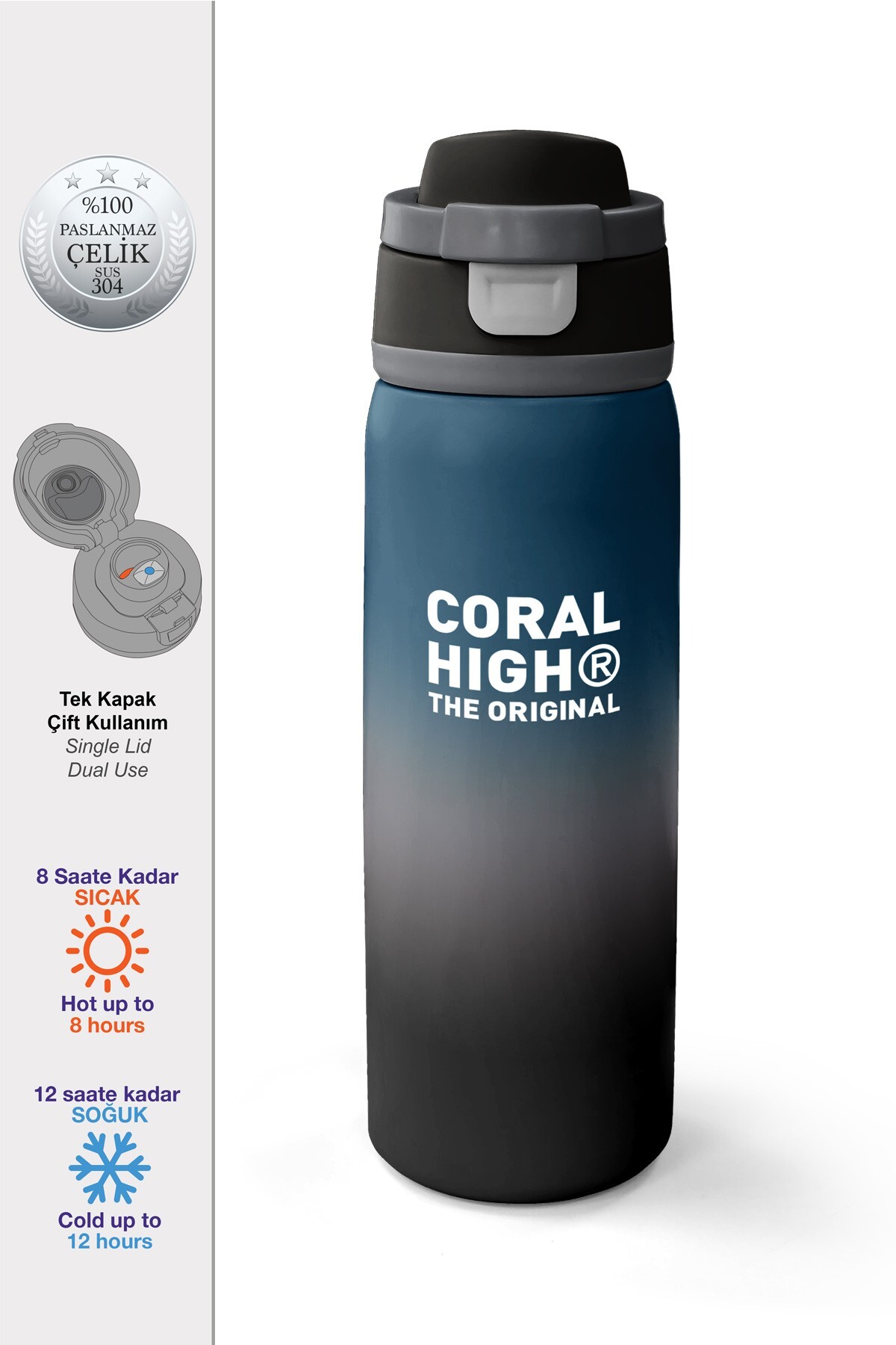 Coral High Nefti Gri Renk Geçişli Pipetli ve Direkt İçim Çelik Termos 800 ml 38531