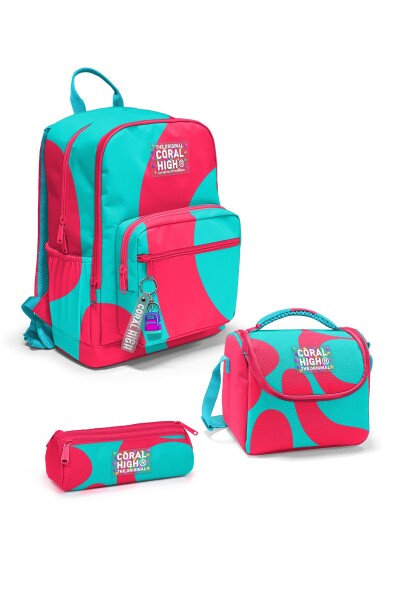 Coral High Neon Mercan Turkuaz Desenli 3’lü Okul Çanta Seti SET0123685 - 1