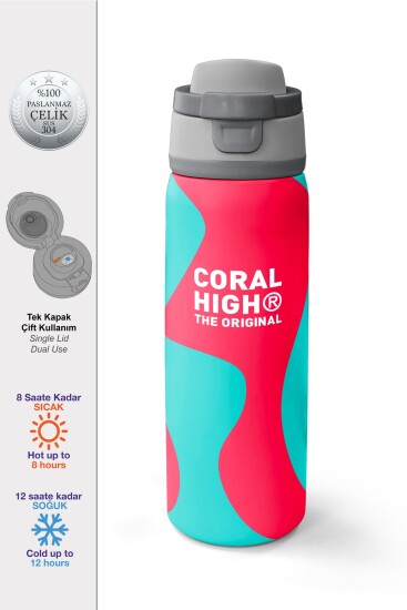 Coral High Neon Mercan Turkuaz Desenli Pipetli ve Direkt İçim Çelik Termos 800 ml 38545 - CORAL HIGH