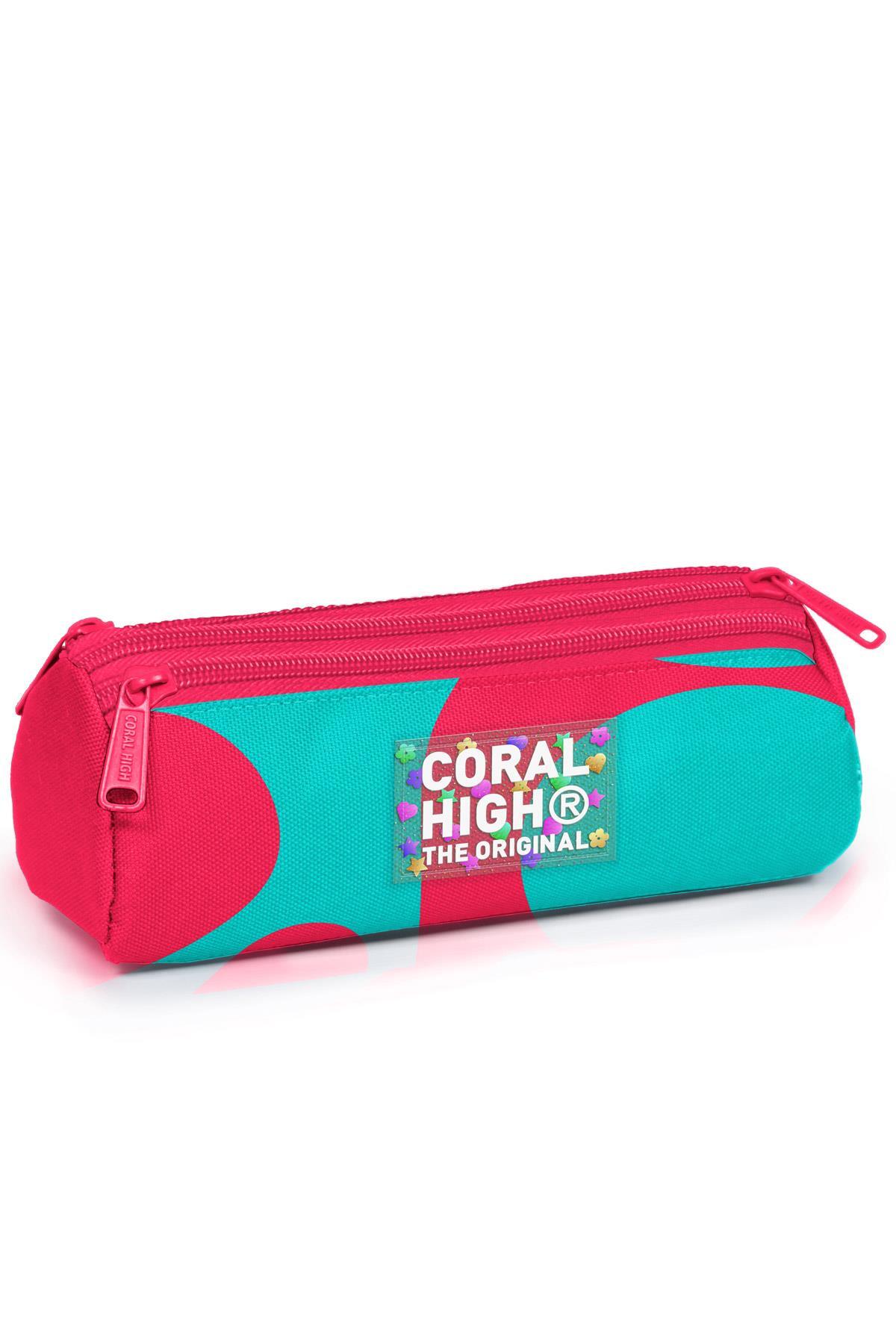 Coral High Neon Mercan Turkuaz Desenli Üç Bölmeli Kalem Çantası 11185