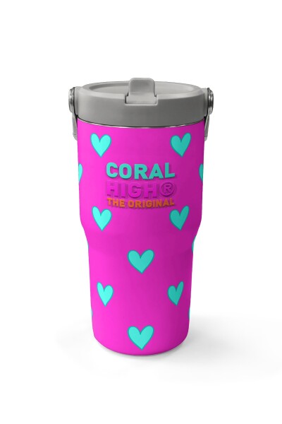 Coral High Neon Pembe Su Yeşili Kalp Desenli Katlanır Ağızlıklı Çelik Termos 600 ml 38908 - 2