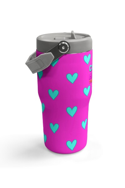 Coral High Neon Pembe Su Yeşili Kalp Desenli Katlanır Ağızlıklı Çelik Termos 600 ml 38908 - 4