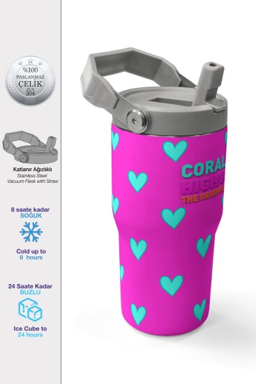 Coral High Neon Pembe Su Yeşili Kalp Desenli Katlanır Ağızlıklı Çelik Termos 600 ml 38908 - 1