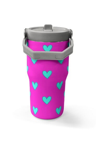 Coral High Neon Pembe Su Yeşili Kalp Desenli Katlanır Ağızlıklı Çelik Termos 600 ml 38908 - 5
