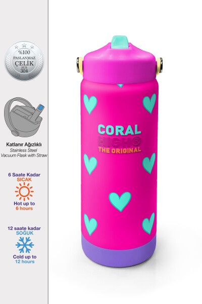 Coral High Neon Pembe Su Yeşili Kalp Katlanır Ağızlıklı Çelik Termos 650 ml 38376 - 1