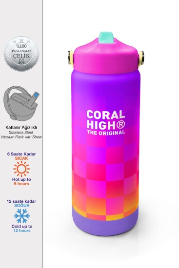 Coral High Neon Renkli Dama Desenli Katlanır Ağızlıklı Çelik Termos 650 ml 38303 