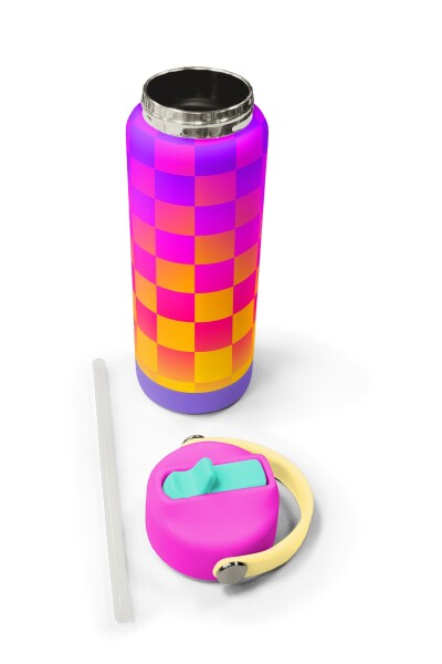 Coral High Neon Renkli Dama Desenli Katlanır Ağızlıklı Çelik Termos 650 ml 38303 - 5