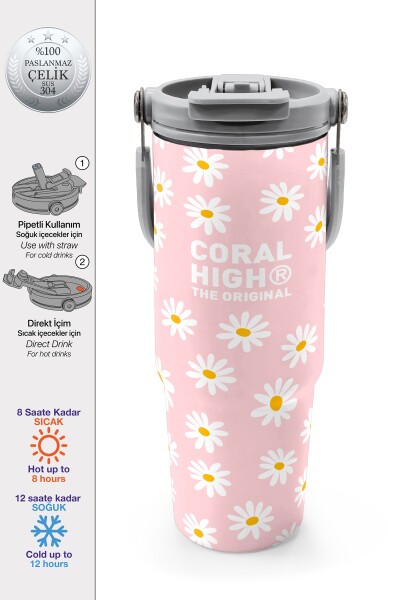 Coral High Papatya Desenli Pipetli ve Direkt İçim Çelik Termos 900 ml 38701 - 1