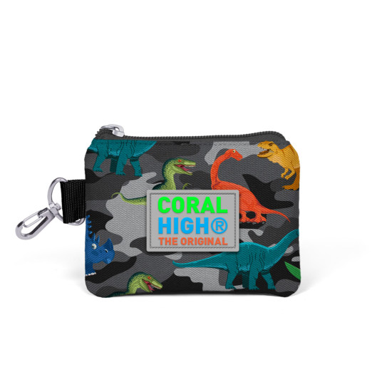 Coral High Kids Koyu Gri Siyah Kamuflaj Dinozor Desenli Bozuk Para Çantası 21737 