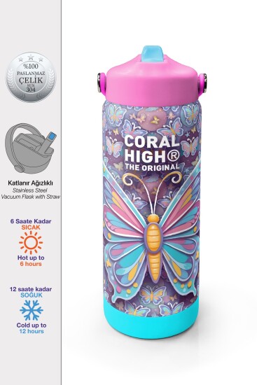 Coral High Pastel Renkli Kelebek Desenli Katlanır Ağızlıklı Çelik Termos 650 ml 38306 - Coral High