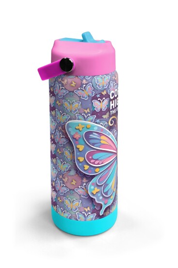 Coral High Pastel Renkli Kelebek Desenli Katlanır Ağızlıklı Çelik Termos 650 ml 38306 - 3