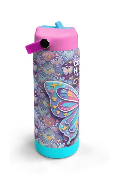Coral High Pastel Renkli Kelebek Desenli Katlanır Ağızlıklı Çelik Termos 650 ml 38306 - 3
