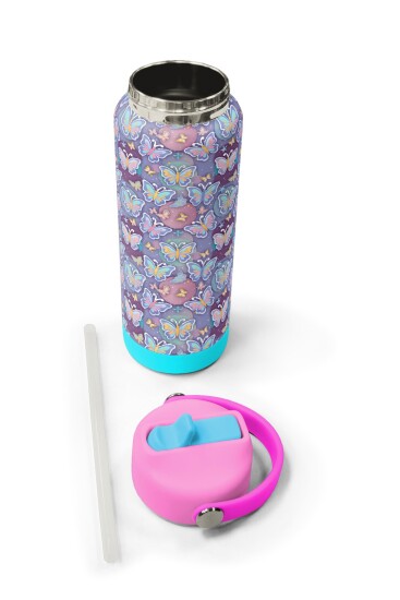 Coral High Pastel Renkli Kelebek Desenli Katlanır Ağızlıklı Çelik Termos 650 ml 38306 - 5