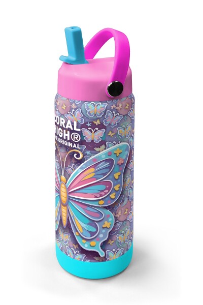 Coral High Pastel Renkli Kelebek Desenli Katlanır Ağızlıklı Çelik Termos 650 ml 38306 - 2