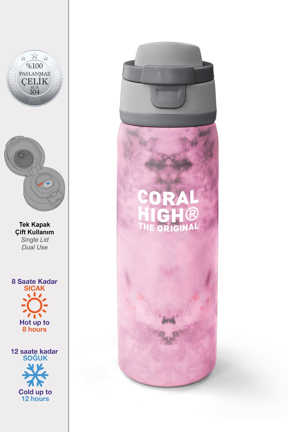 Coral High Pembe Desenli Pipetli ve Direkt İçim Çelik Termos 800 ml 38572