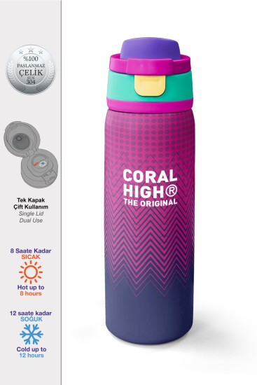 Coral High Pembe Lacivert Desenli Pipetli ve Direkt İçim Çelik Termos 800 ml 38589 