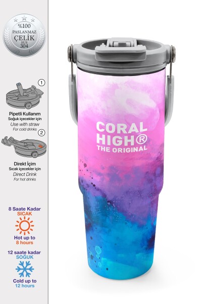 Coral High Pembe Mavi Desenli Pipetli ve Direkt İçim Çelik Termos 900 ml 38733 - 1