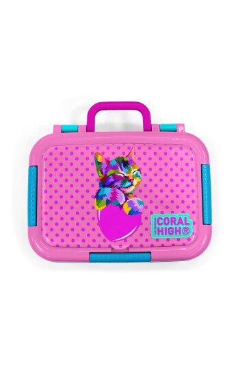 Coral High Pembe Mavi Simli Kedi Desenli Paslanmaz Çelik Beslenme Kabı 39344 - 5