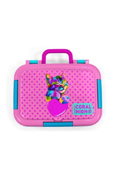 Coral High Pembe Mavi Simli Kedi Desenli Paslanmaz Çelik Beslenme Kabı 39344 - 5