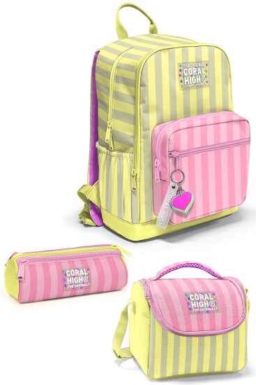 Coral High Pembe Sarı Çizgi Desenli 3’lü Okul Çanta Seti SET0133223 