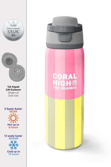 Coral High Pembe Sarı Çizgi Desenli Pipetli ve Direkt İçim Çelik Termos 800 ml 38501 