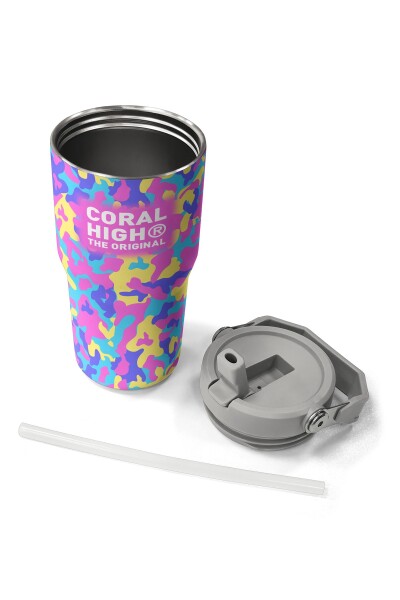 Coral High Pembe Sarı Lavanta Kamuflaj Desenli Katlanır Ağızlıklı Çelik Termos 600 ml 38901 - 7
