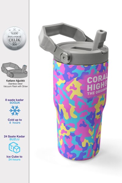 Coral High Pembe Sarı Lavanta Kamuflaj Desenli Katlanır Ağızlıklı Çelik Termos 600 ml 38901 - 1