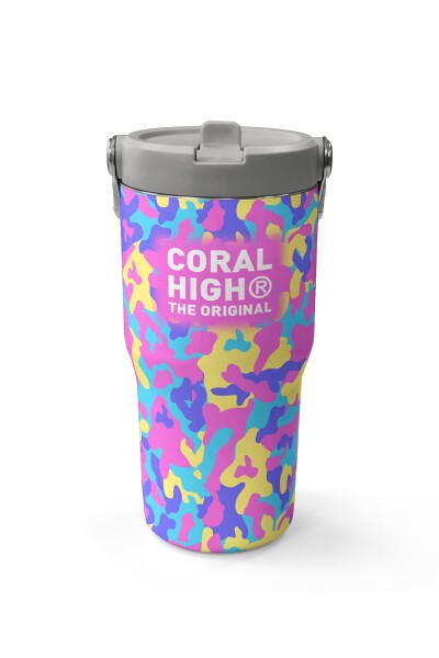 Coral High Pembe Sarı Lavanta Kamuflaj Desenli Katlanır Ağızlıklı Çelik Termos 600 ml 38901 - 2