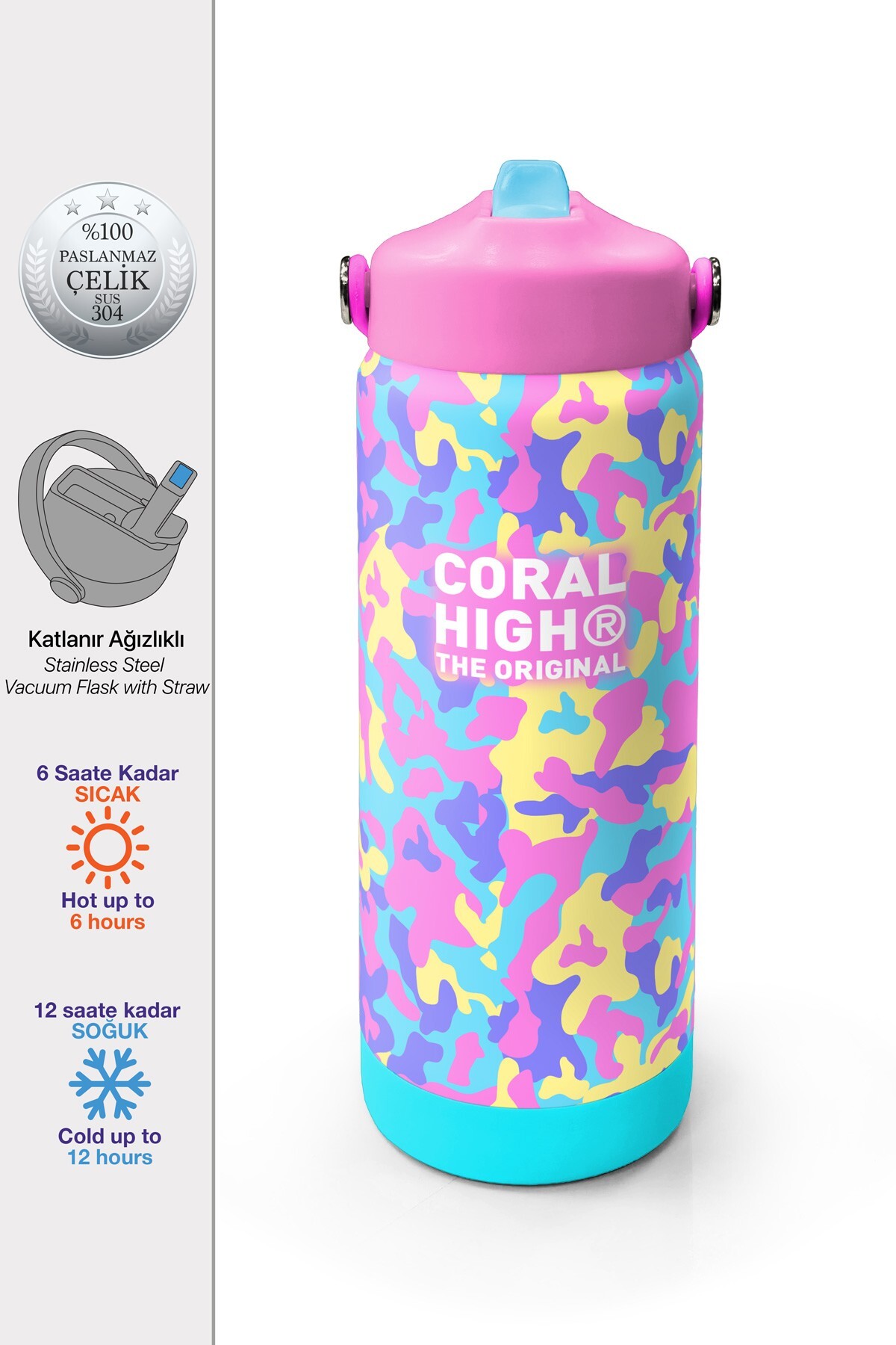 Coral High Pembe Sarı Lavanta Kamuflaj Desenli Katlanır Ağızlıklı Çelik Termos 650 ml 38301