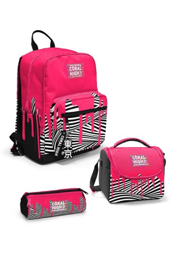 Coral High Pembe Siyah Beyaz Desenli 3’lü Okul Çanta Seti SET0123678 - 1
