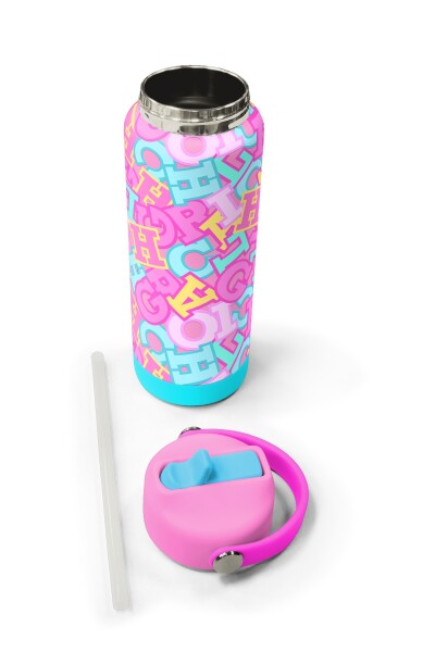 Coral High Pembe Su Yeşili Harf Desenli Katlanır Ağızlıklı Çelik Termos 650 ml 38323 - 5