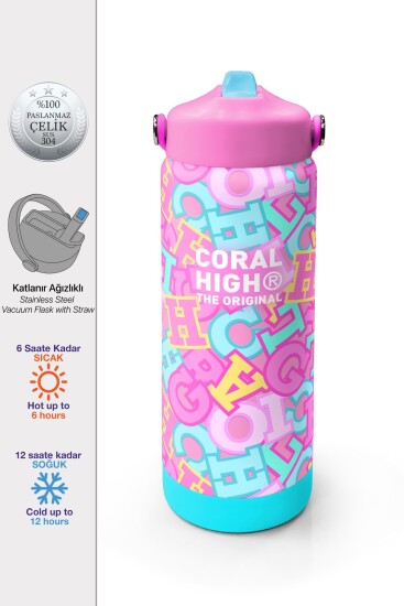 Coral High Pembe Su Yeşili Harf Desenli Katlanır Ağızlıklı Çelik Termos 650 ml 38323 - 1