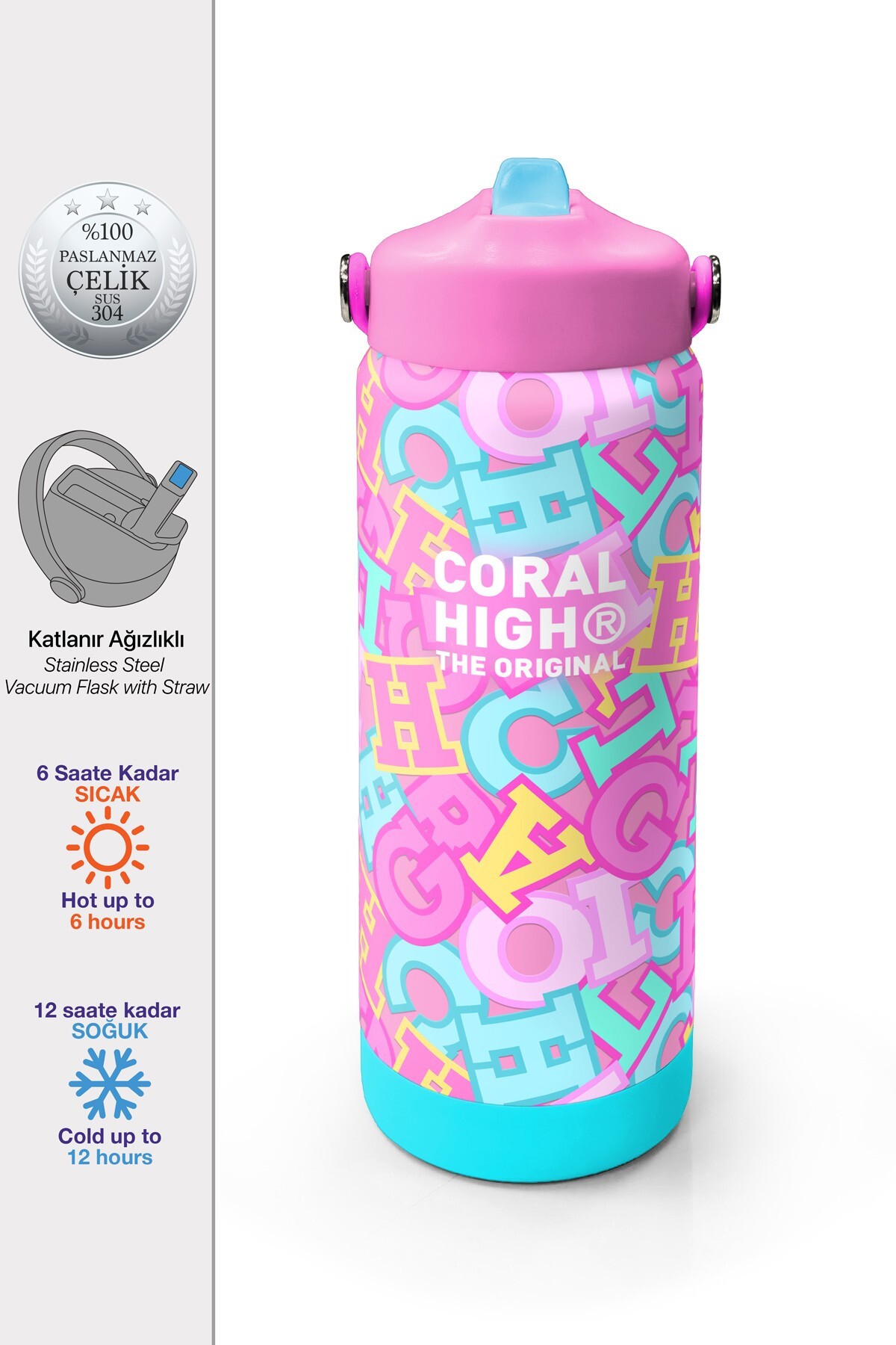Coral High Pembe Su Yeşili Harf Desenli Katlanır Ağızlıklı Çelik Termos 650 ml 38323
