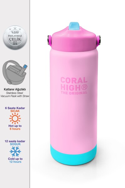 Coral High Pembe Turkuaz Desenli Katlanır Ağızlıklı Çelik Termos 650 ml 38356 - 1