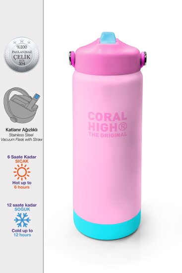 Coral High Pembe Turkuaz Desenli Katlanır Ağızlıklı Çelik Termos 650 ml 38356 - Coral High