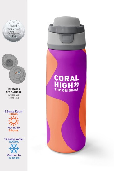 Coral High Pembe Turuncu Desenli Pipetli ve Direkt İçim Çelik Termos 800 ml 38544 