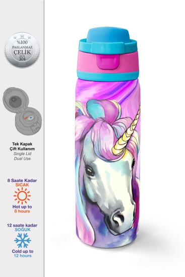 Coral High Pembe Unıcorn Desenli Pipetli ve Direkt İçim Çelik Termos 800 ml 38523 
