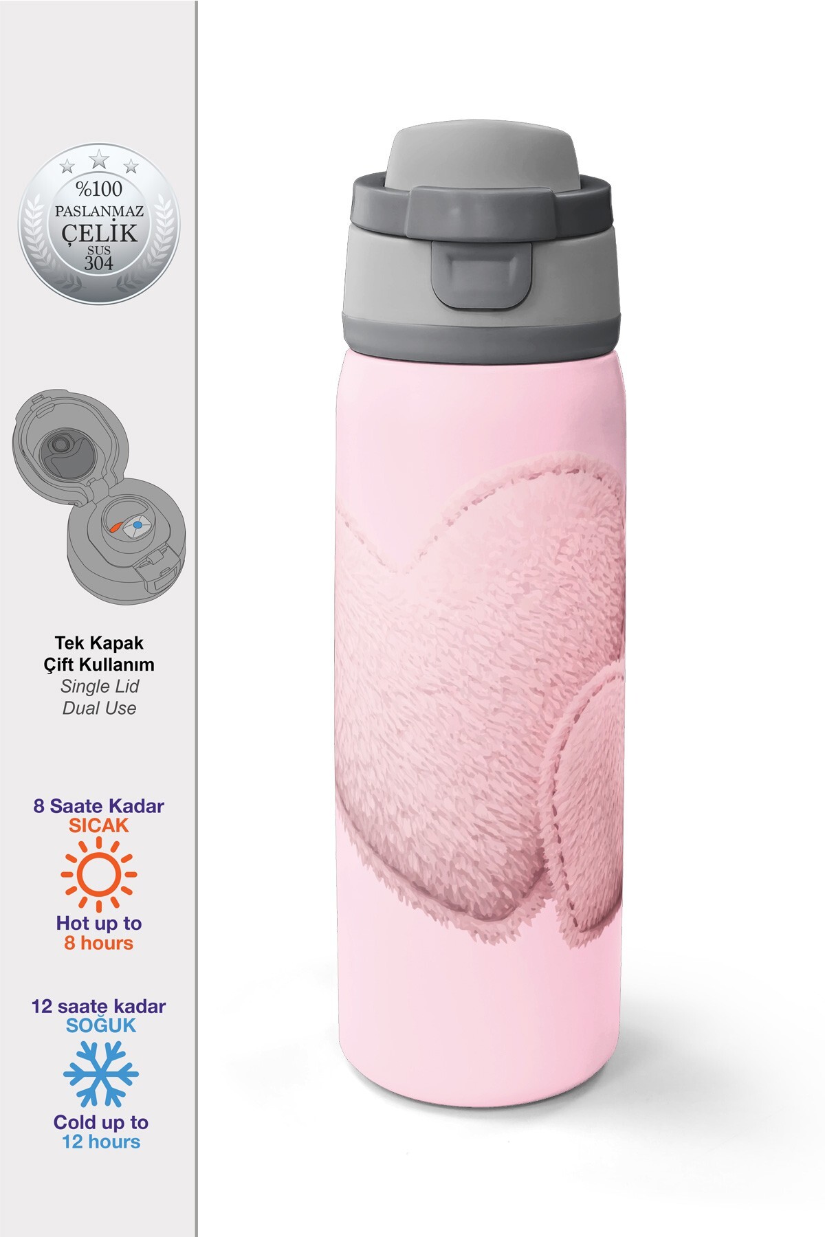 Coral High Pudra Kalp Desenli Pipetli ve Direkt İçim Çelik Termos 800 ml 38592