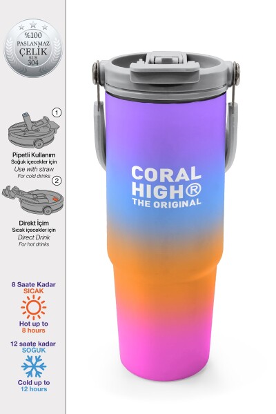 Coral High Renk Geçişli Desenli Pipetli ve Direkt İçim Çelik Termos 900 ml 38715 - 1