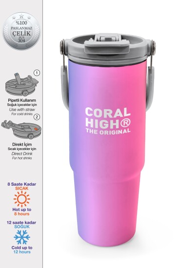 Coral High Renk Geçişli Desenli Pipetli ve Direkt İçim Çelik Termos 900 ml 38726 - Coral High
